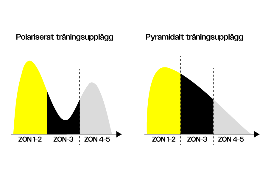Graf som visar pulszonsfördelningen mellan polariserad- och pyramidal träning